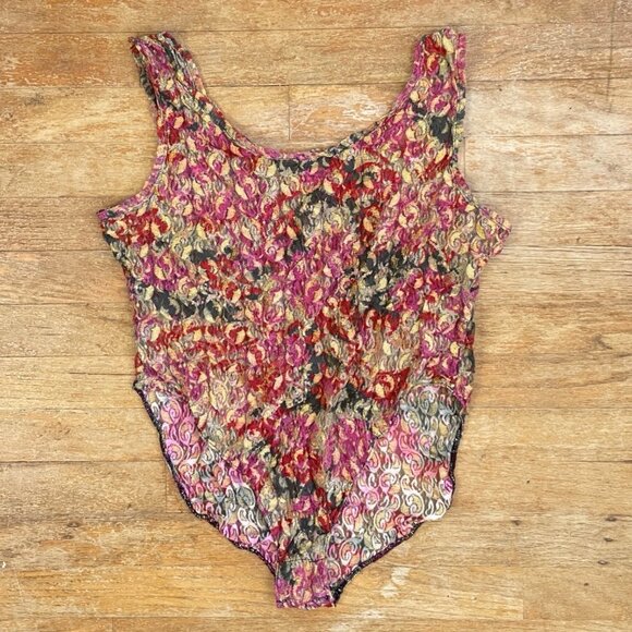 Vintage Stretch Lace Bodysuit Size Large 90s Victorias Secret Sheer Red Gold Pu - Picture 5 of 5